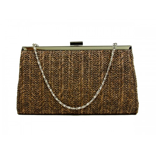 Evening Bag - Braided Straw Like w/ Metal Frame - Brown - BG-92070BR